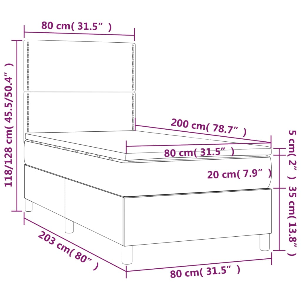 Pat continental cu saltea&LED albastru închis 80x200 cm catifea