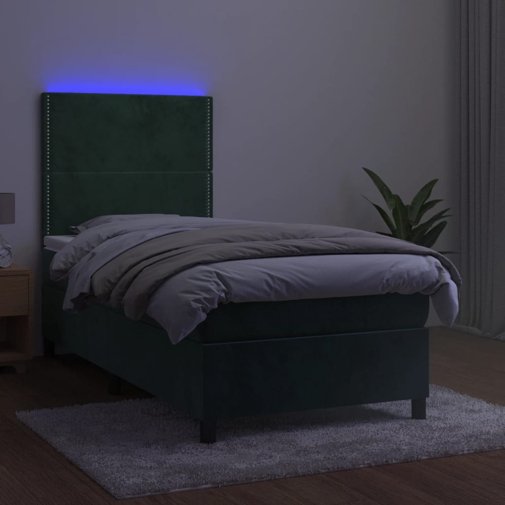 Sötétzöld bársony rugós és LED-es ágy matraccal 90x190 cm 