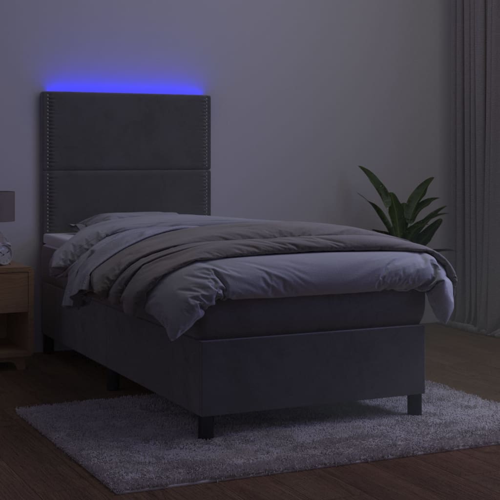 Világosszürke bársony rugós és LED-es ágy matraccal 90x200 cm 