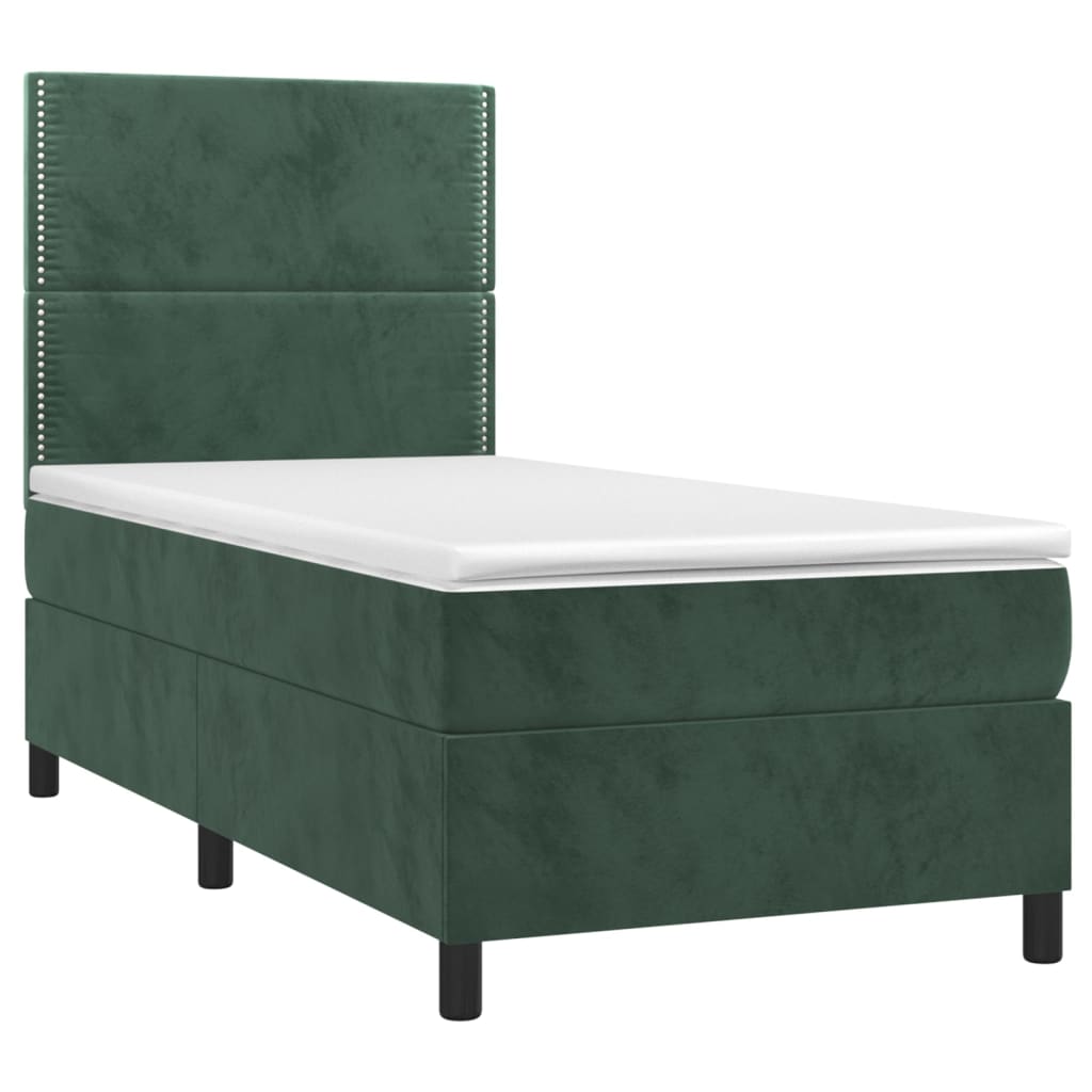 Sötétzöld bársony rugós és LED-es ágy matraccal 90x200 cm 