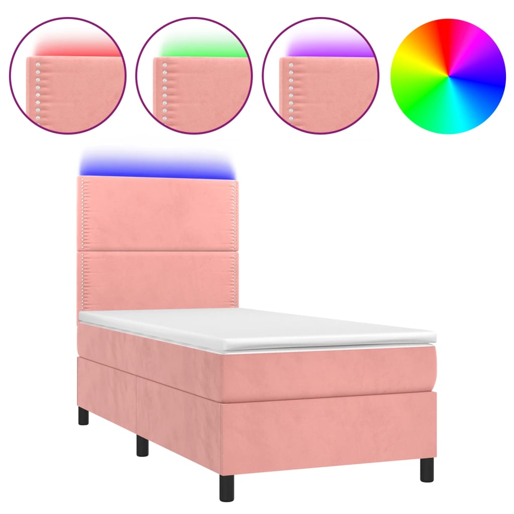 Rózsaszín bársony rugós és LED-es ágy matraccal 90x200 cm 