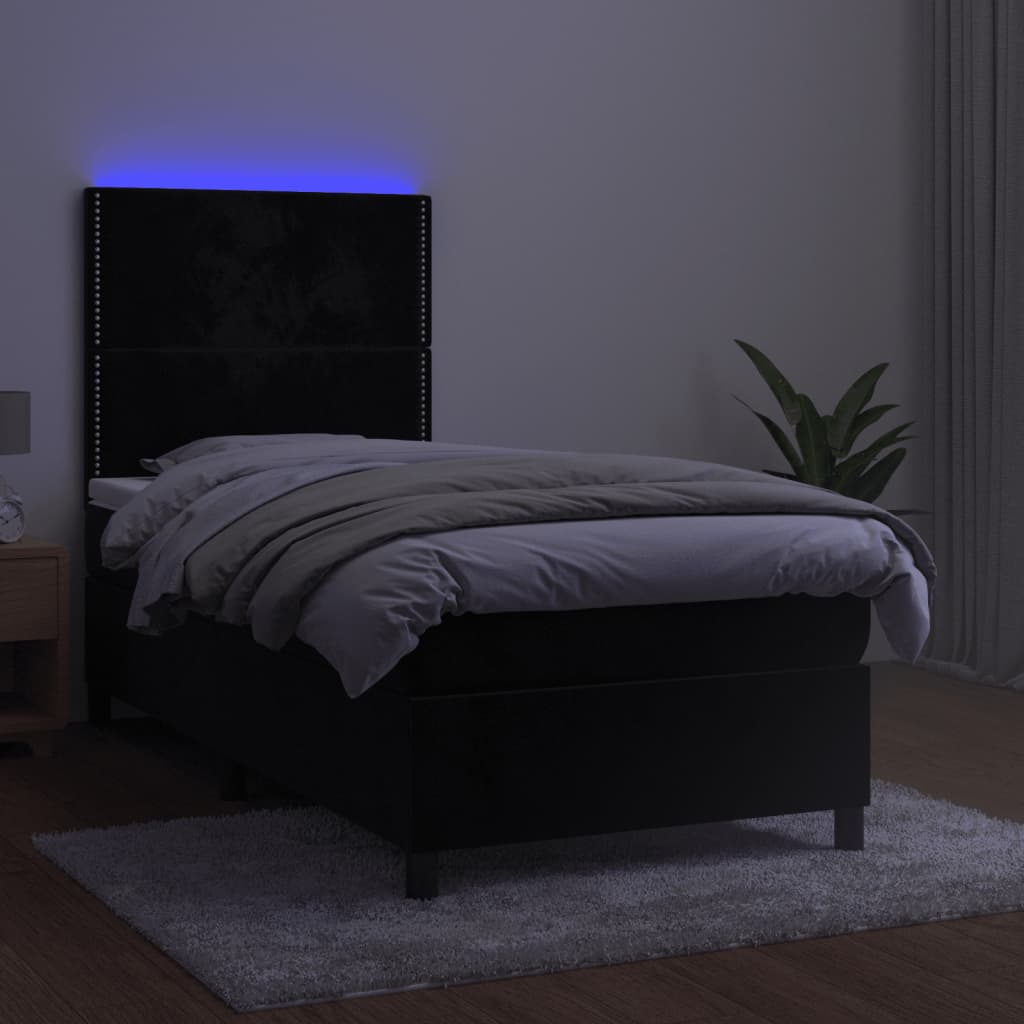 fekete bársony rugós és LED-es ágy matraccal 100x200 cm