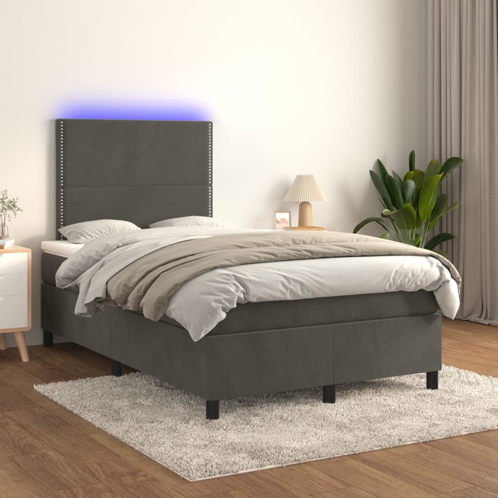 Sommier tapissier matelas et LED Gris foncé 120x200 cm Velours