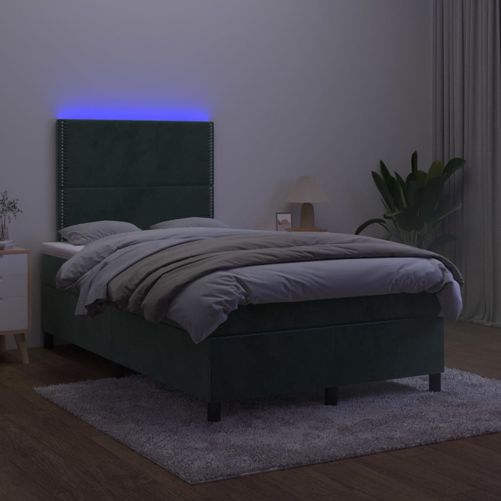 Sötétzöld bársony rugós és LED-es ágy matraccal 120x200 cm 