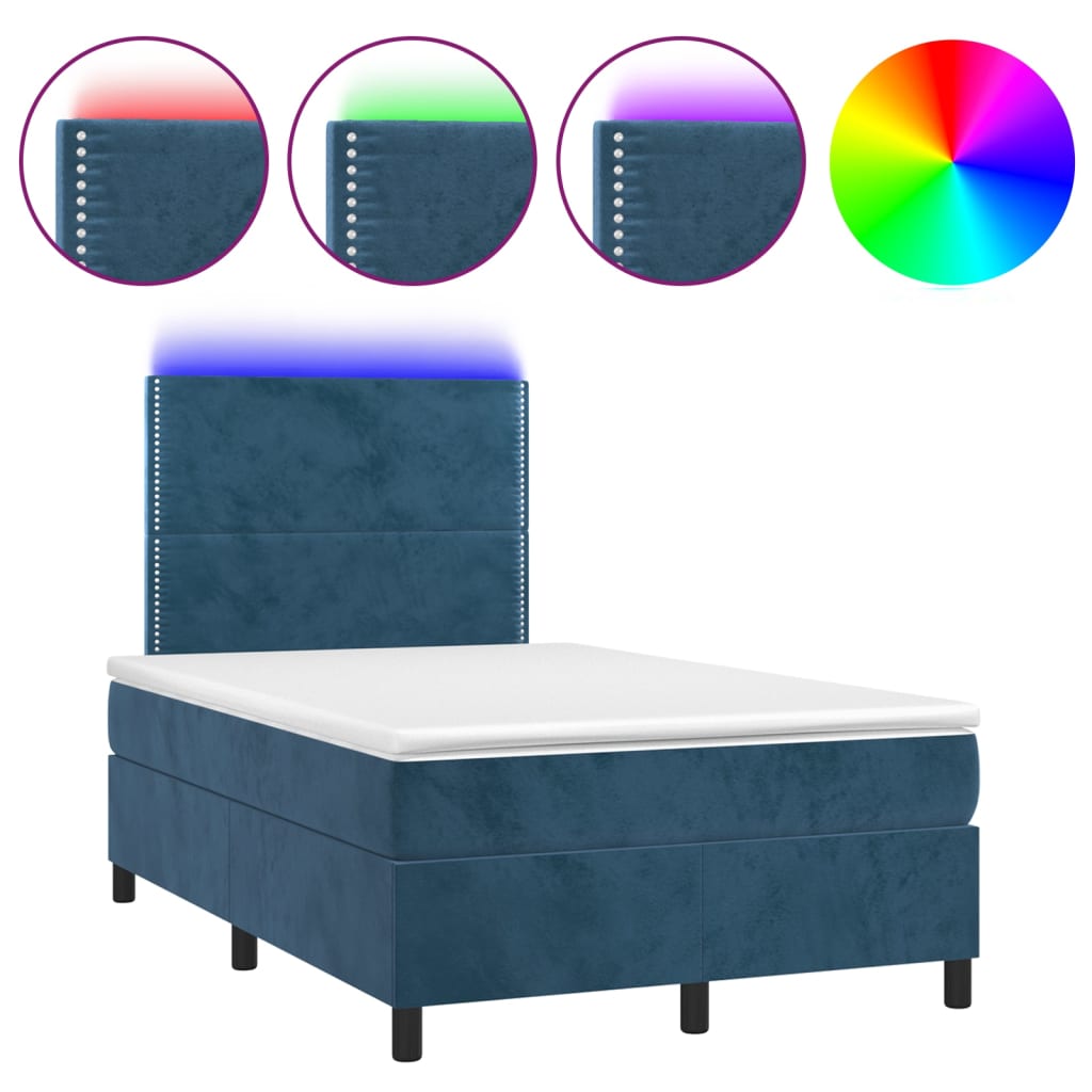 Sötétkék bársony rugós és LED-es ágy matraccal 120x200 cm 