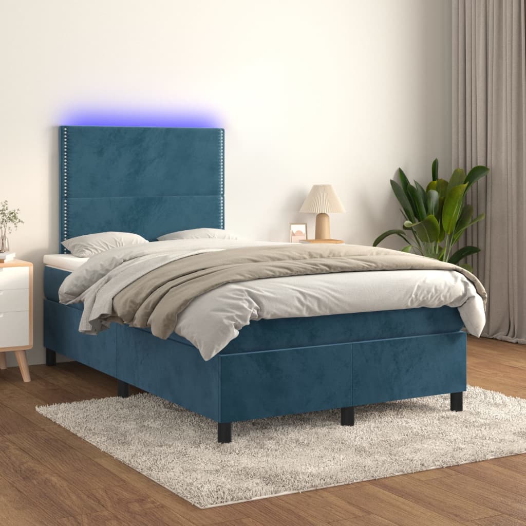vidaXL Pat cu arcuri, saltea și LED, albastru, 120×200 cm, catifea 120x200 imagine noua