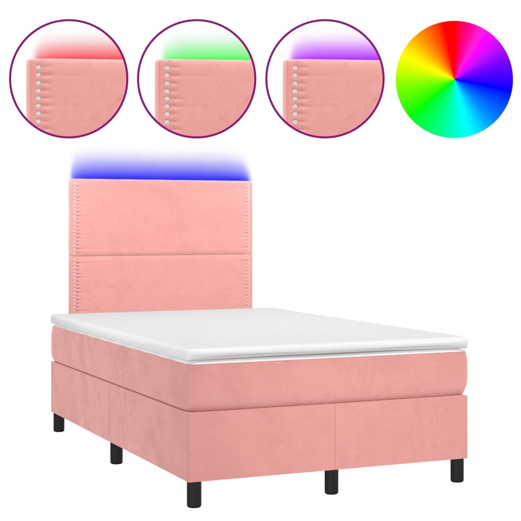 Rózsaszín bársony rugós és LED-es ágy matraccal 120x200 cm 
