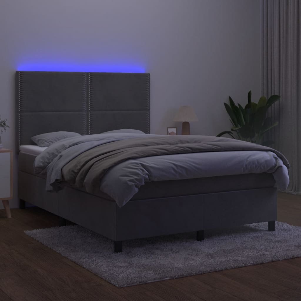 Box spring postelja z vzmetnico LED sv. siva 140x190 cm žamet