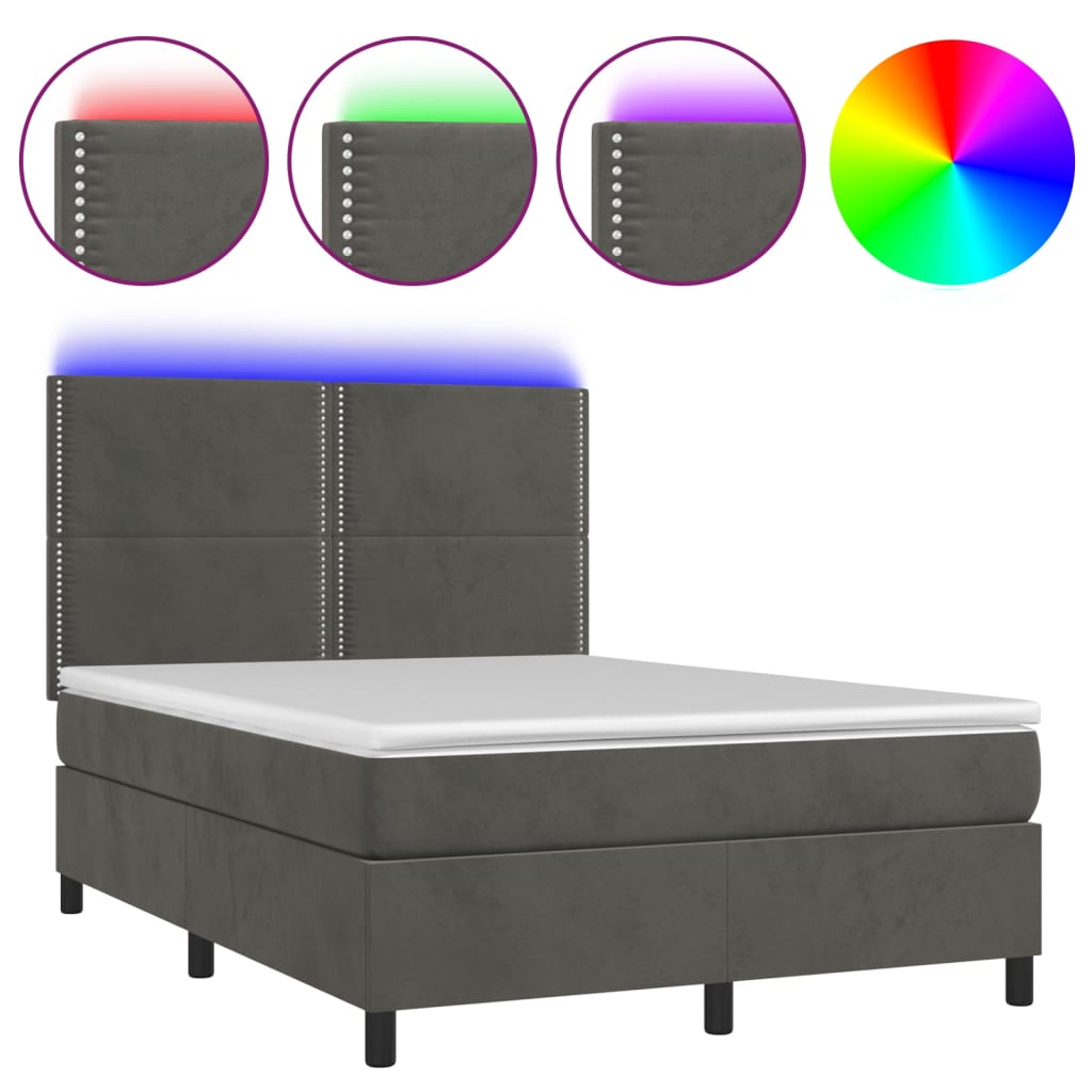 vidaXL Box spring postelja z vzmetnico LED temno siva 140x190 cm žamet