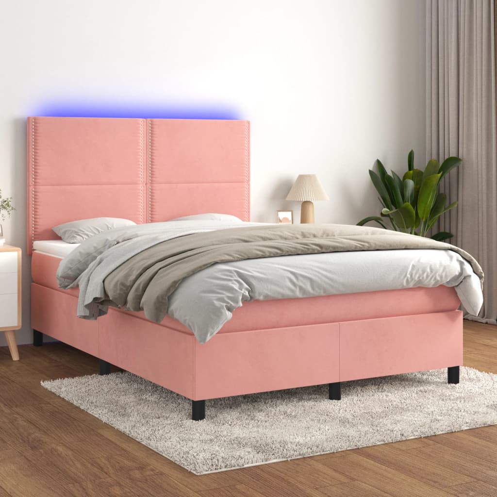 vidaXL Boxspringbett mit Matratze & LED Rosa 140x190 cm Samt