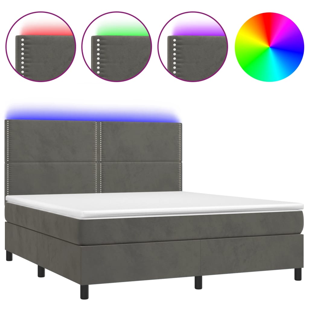vidaXL Boxspring met matras en LED fluweel donkergrijs 180x200 cm grijs, foto 3