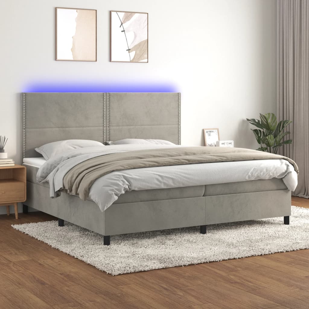 Box spring postel s matrací a LED světle šedá 200x200 cm samet