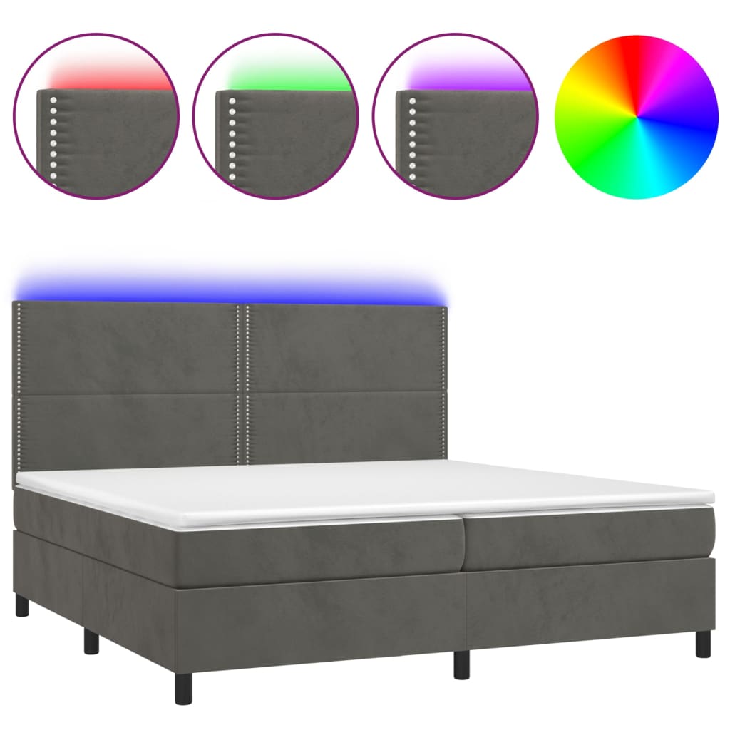 vidaXL Box spring postelja z vzmetnico LED temno siva 200x200 cm žamet