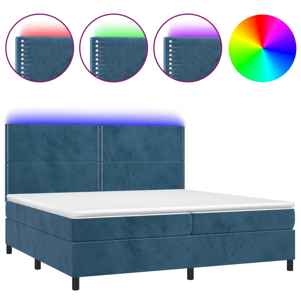 Sötétkék bársony rugós és LED-es ágy matraccal 200x200 cm 