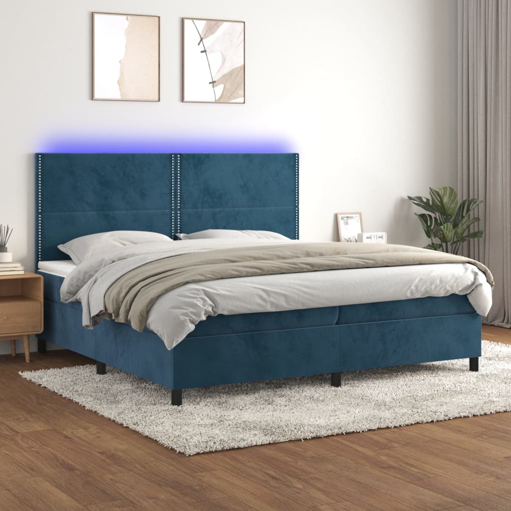 Sommier tapissier matelas et LED Bleu foncé 200x200 cm Velours