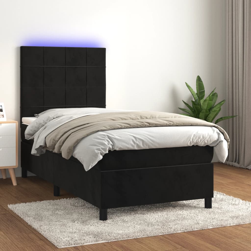Fekete bársony rugós és LED-es ágy matraccal 80 x 200 cm 