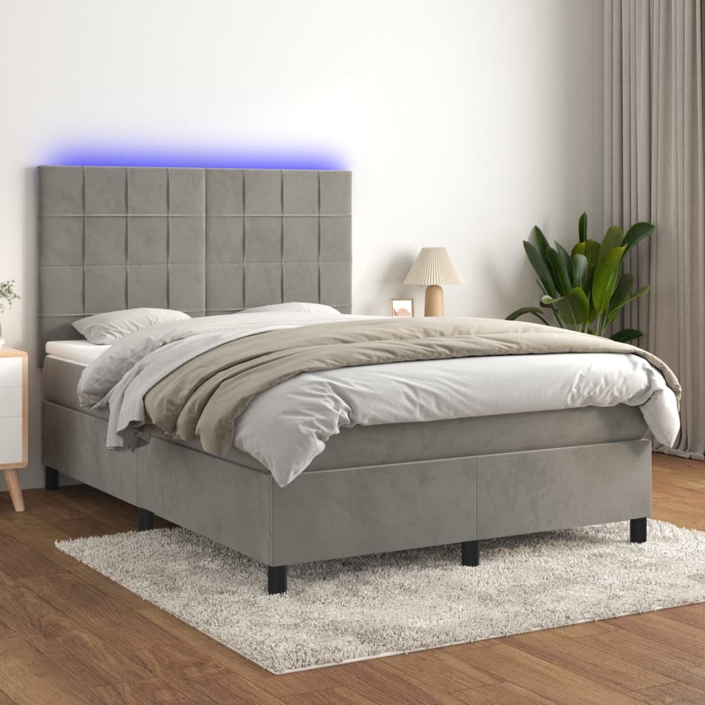 vidaXL Pat continental cu saltea și LED gri deschis 140x190 cm catifea