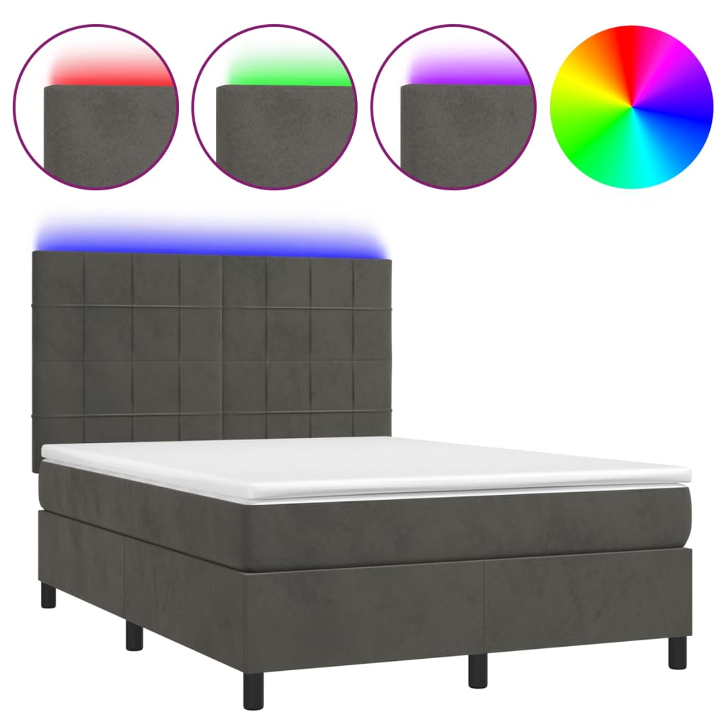 Box spring postel s matrací a LED tmavě šedá 140x190 cm samet