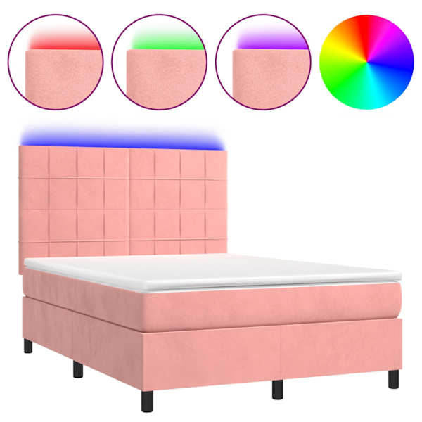 vidaXL kontinentaalvoodi madrats, LED, roosa, 140x190 cm, samet
