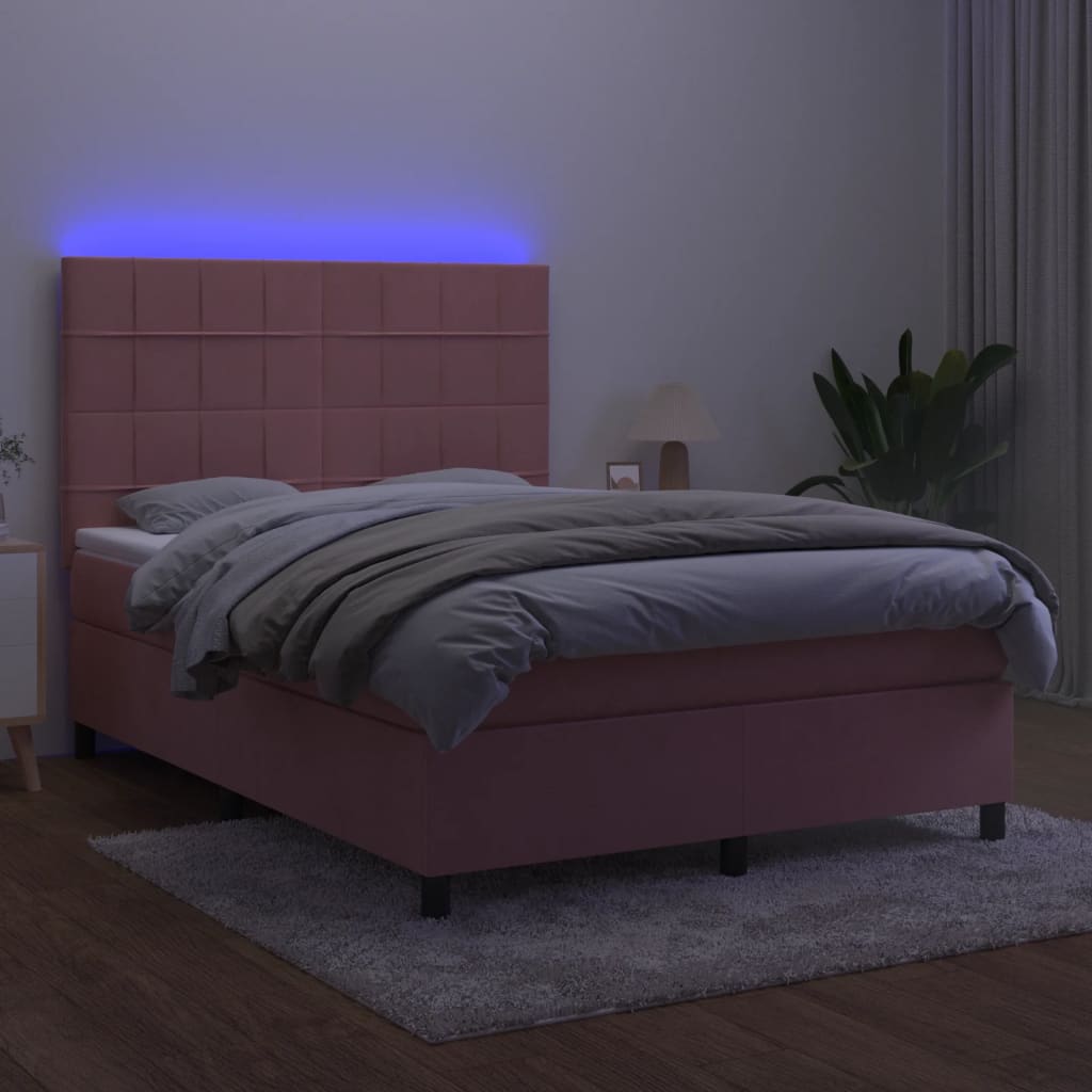 Rózsaszín bársony rugós és LED-es ágy matraccal 140x190 cm 