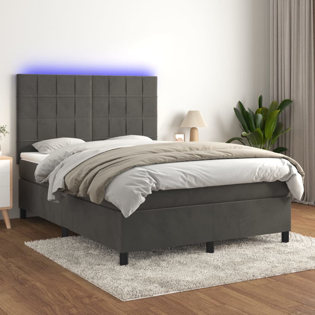 Sötétszürke bársony rugós és LED-es ágy matraccal 140x200 cm 