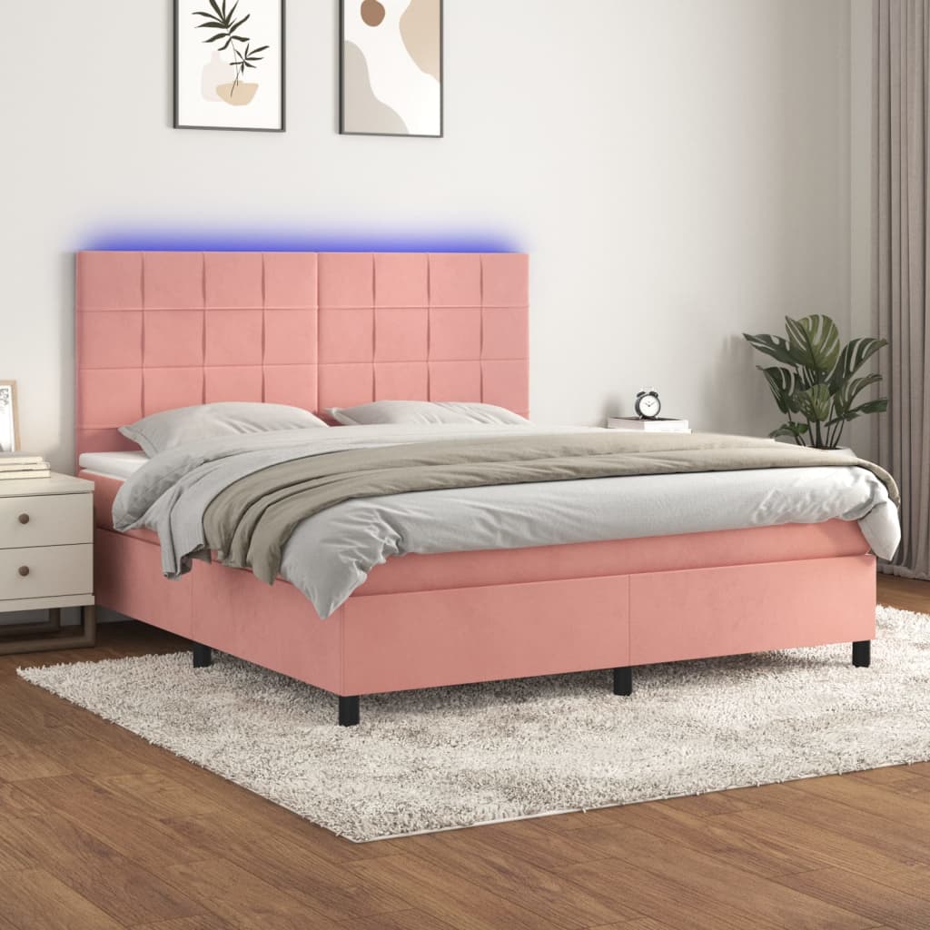 Rózsaszín bársony rugós és LED-es ágy matraccal 160x200 cm 
