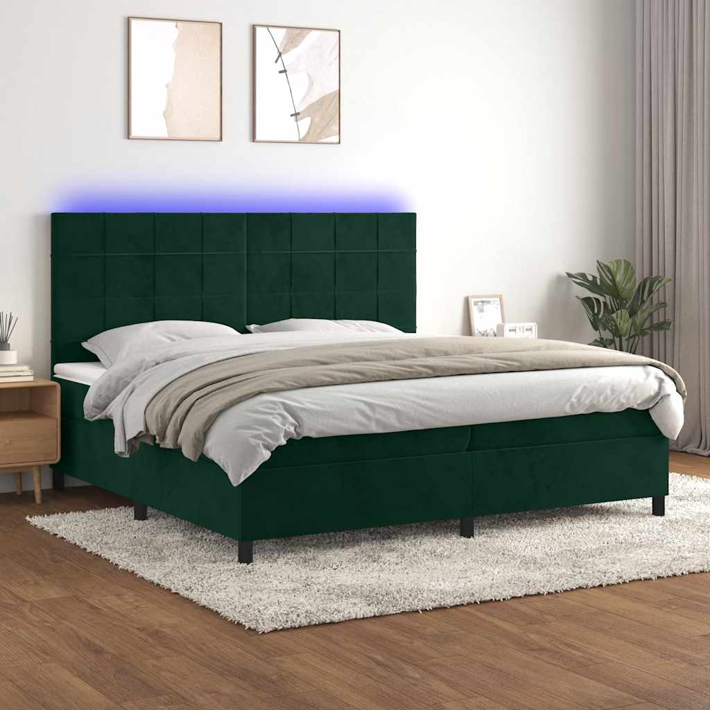 vidaXL Boxspringbett mit Matratze & LED Dunkelgrün 200x200 cm Samt