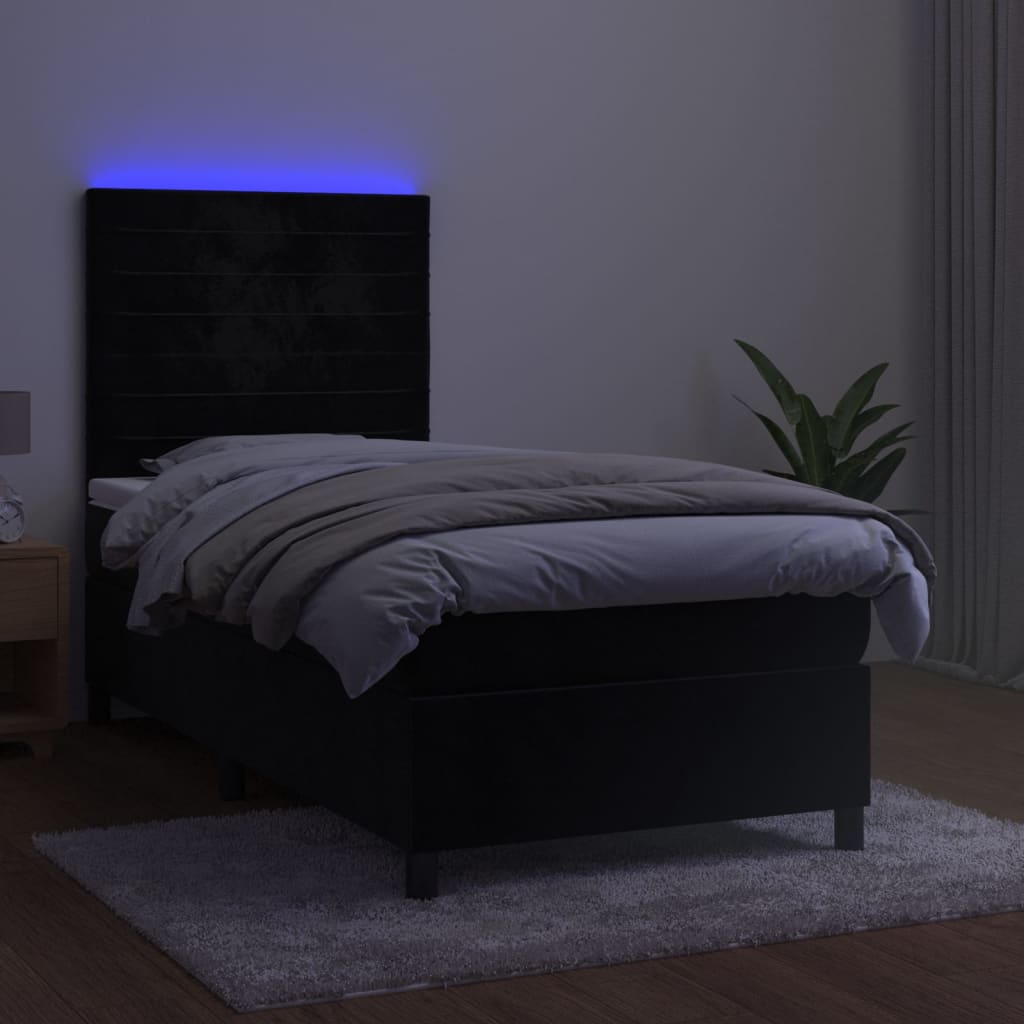 fekete bársony rugós és LED-es ágy matraccal 90x200 cm