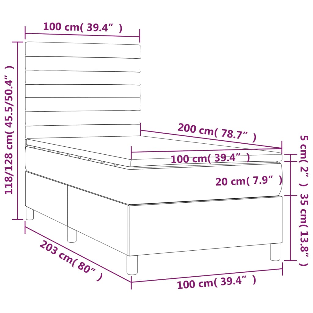 Krevet box spring s madracem LED svjetlosivi 100x200 cm baršun