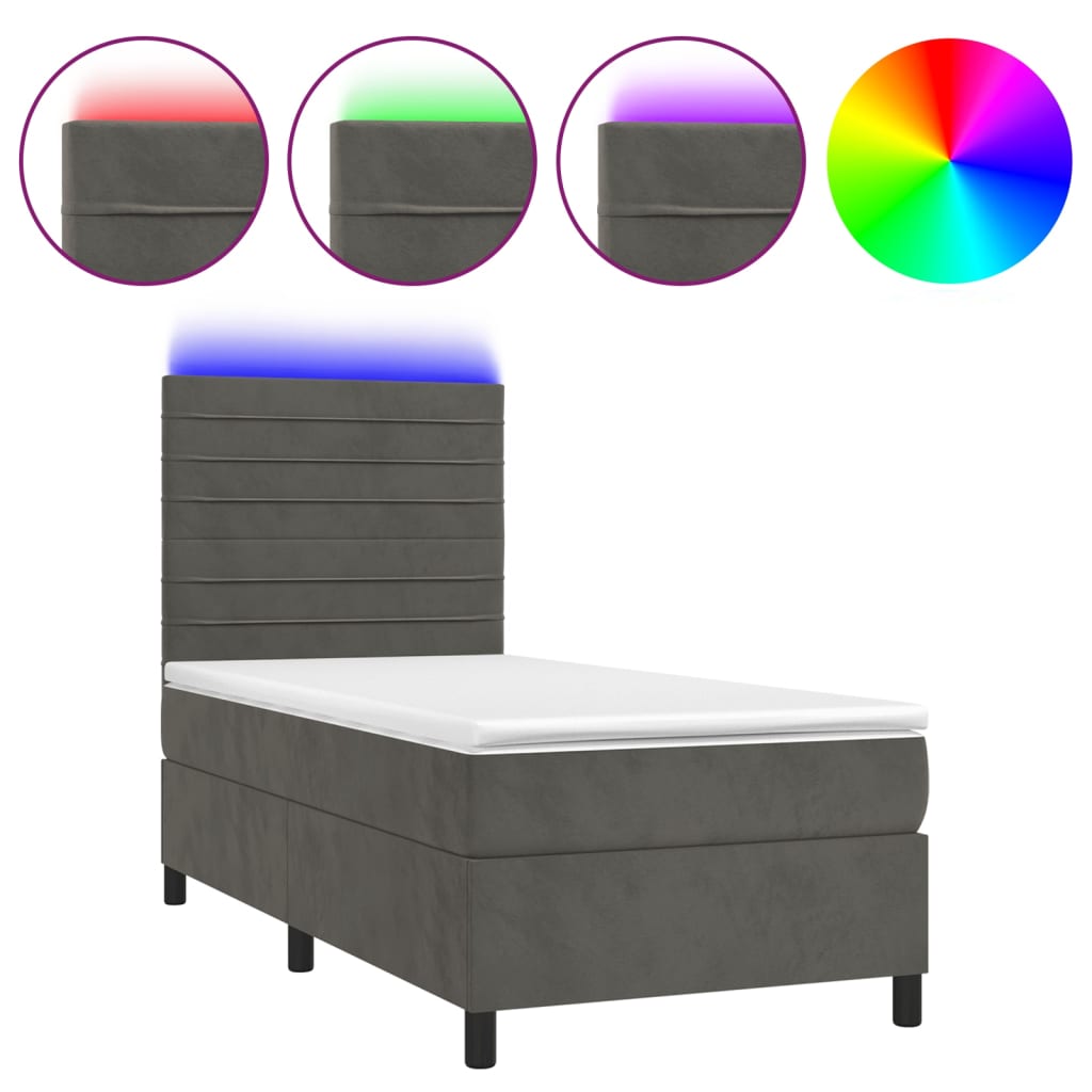 Sötétszürke bársony rugós és LED-es ágy matraccal 100x200 cm 