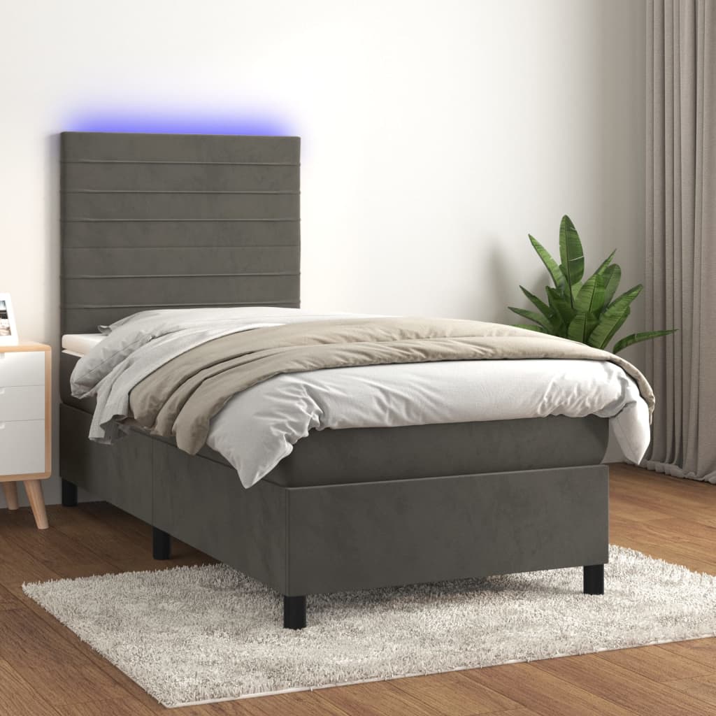 Sötétszürke bársony rugós és LED-es ágy matraccal 100x200 cm 