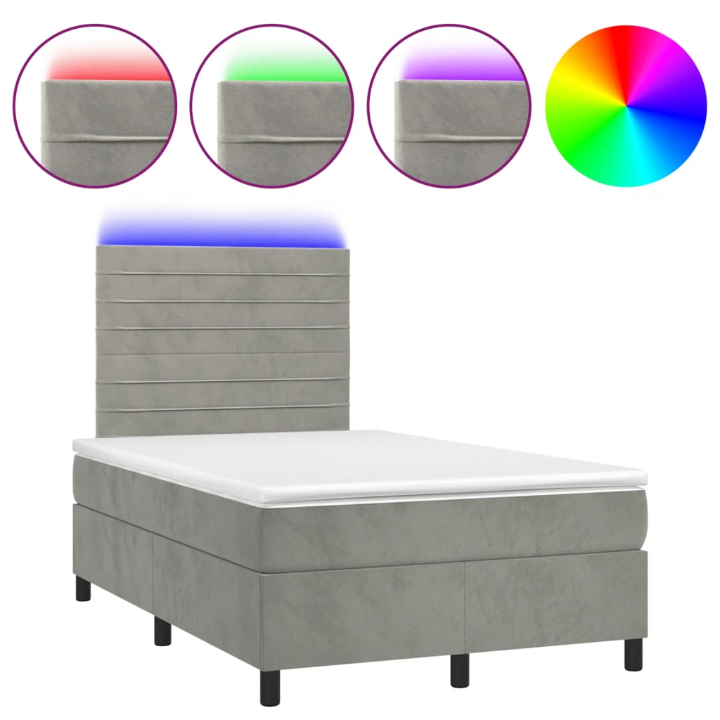 Világosszürke bársony rugós és LED-es ágy matraccal 120x200 cm 