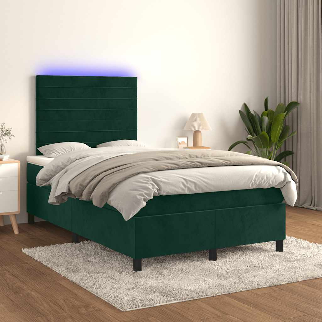 vidaXL Boxspringbett mit Matratze & LED Dunkelgrün 120x200 cm Samt