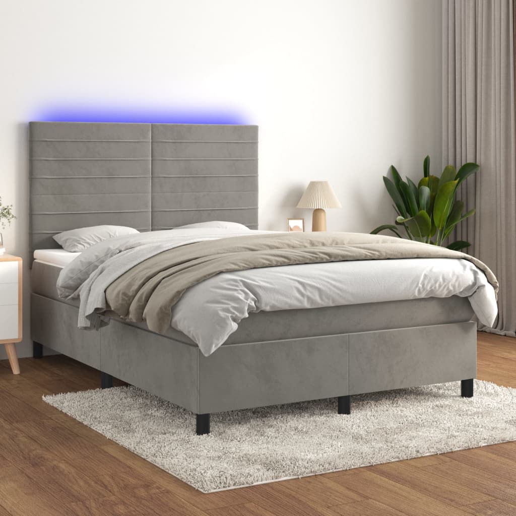 vidaXL Boxspringbett mit Matratze & LED Hellgrau 140x190 cm Samt