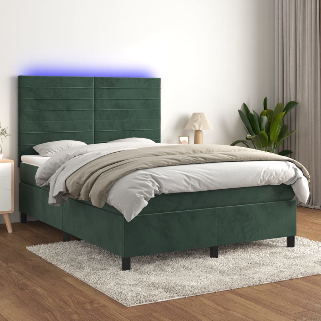 vidaXL Pat cu arcuri, saltea și LED, verde închis, 140×190 cm, catifea