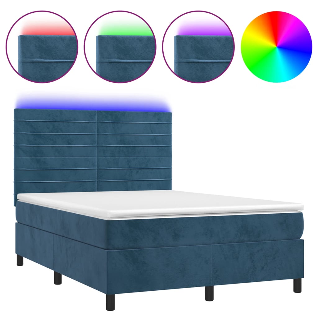 vidaXL Box spring postel s matrací a LED tmavě modrá 140x190 cm samet