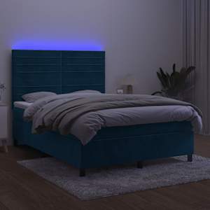 Box spring postelja z vzmetnico LED temno modra 140x190cm žamet - slika 4