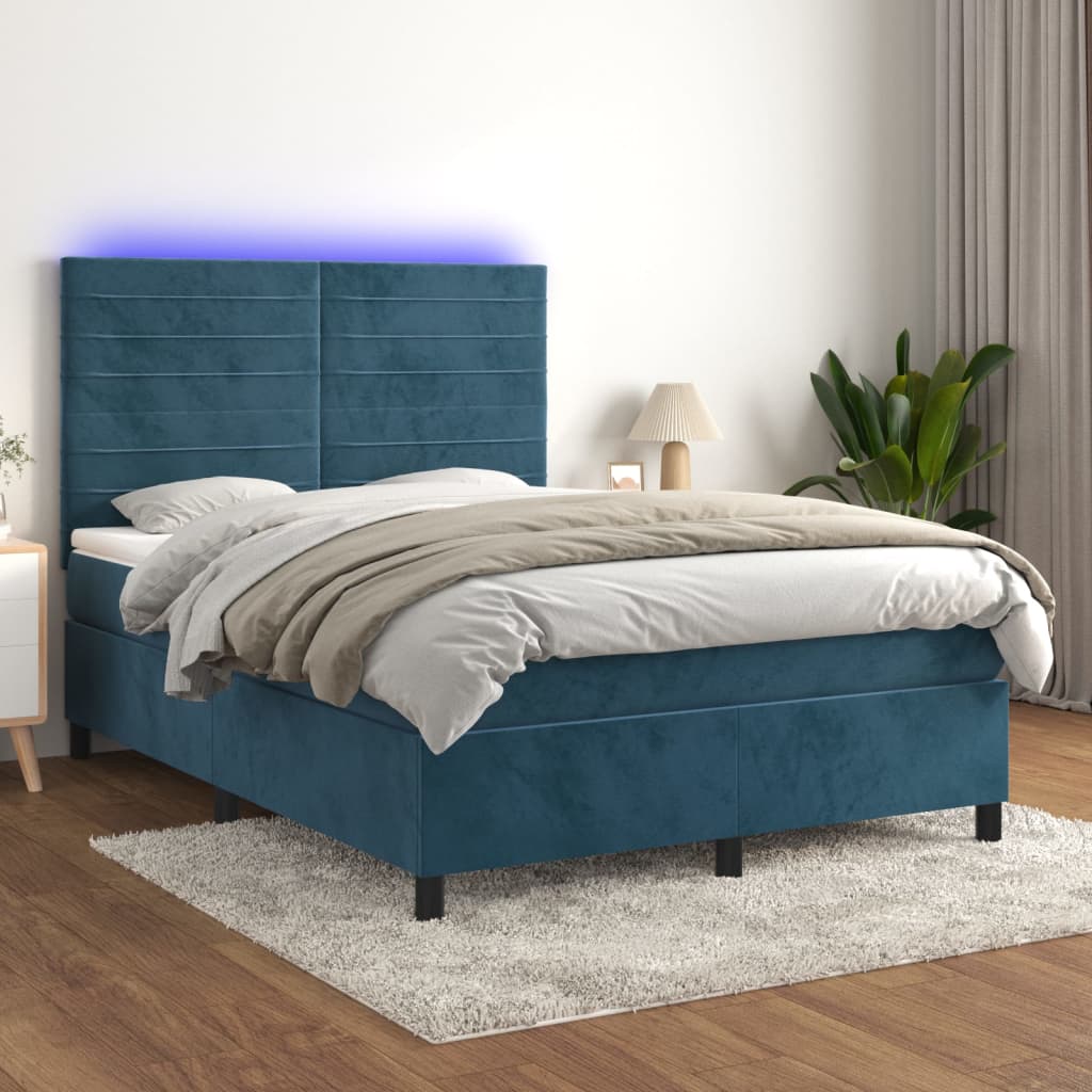 vidaXL Boxspringbett mit Matratze & LED Dunkelblau 140x190 cm Samt