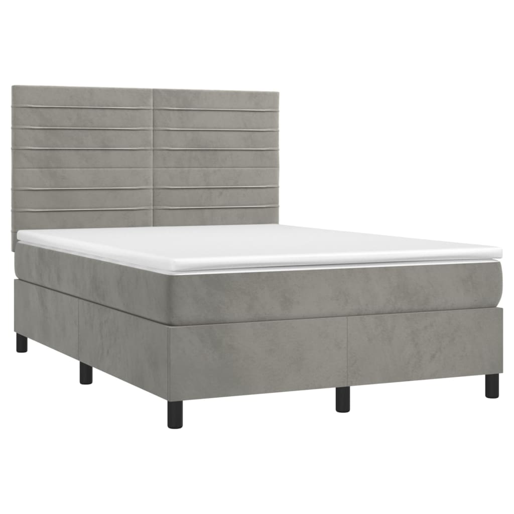 vidaXL Boxspring met matras en LED fluweel lichtgrijs 140x200 cm afbeelding