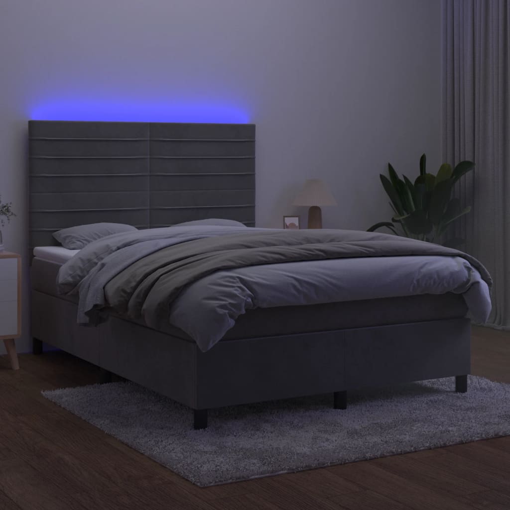 Box spring postelja z vzmetnico LED svetlo siva 140x200cm žamet