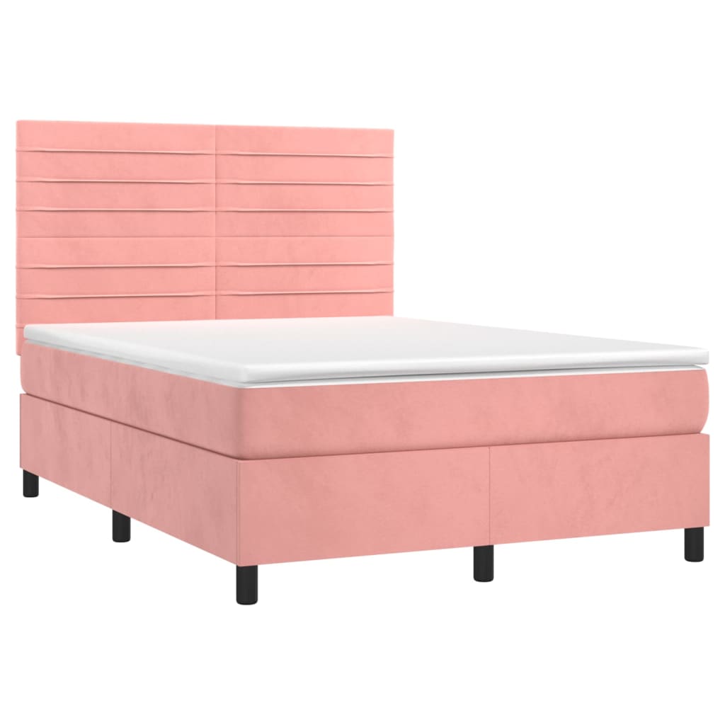 Rózsaszín bársony rugós és LED-es ágy matraccal 140x200 cm 
