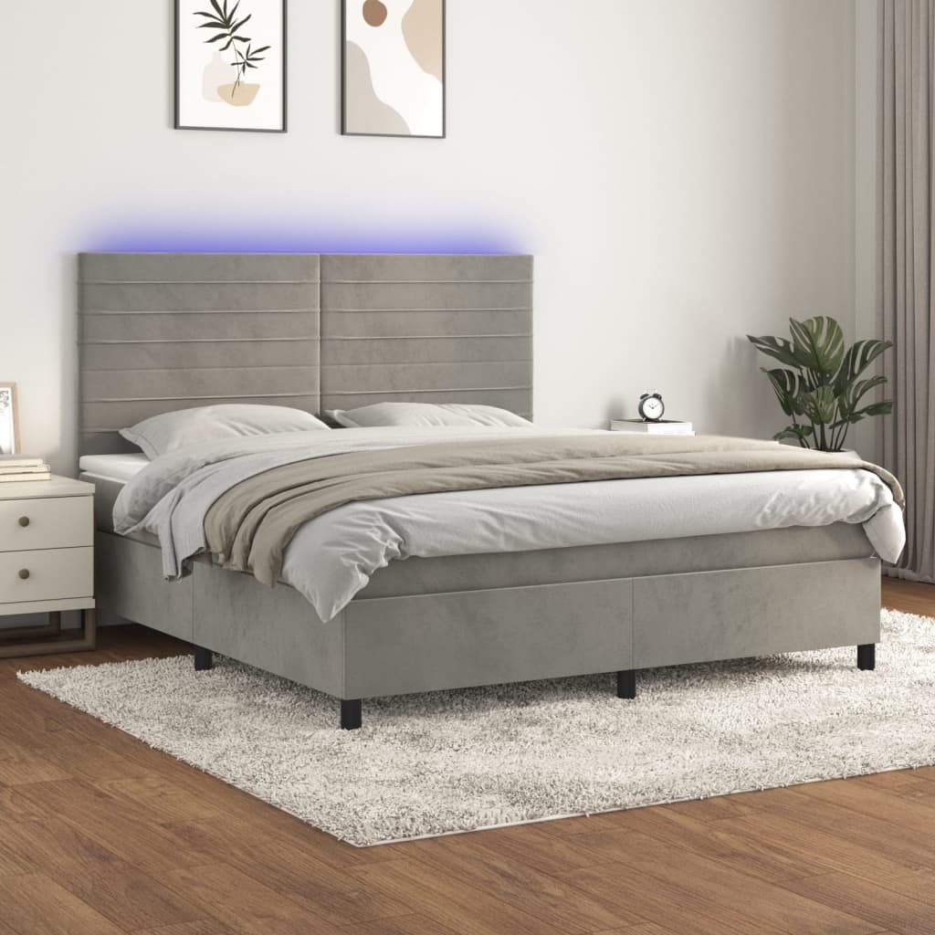 vidaXL Boxspringbett mit Matratze & LED Hellgrau 160x200 cm Samt