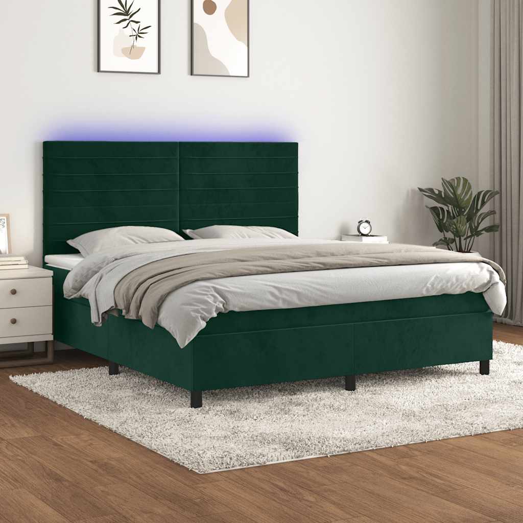 vidaXL Boxspringbett mit Matratze & LED Dunkelgrün 160x200 cm Samt