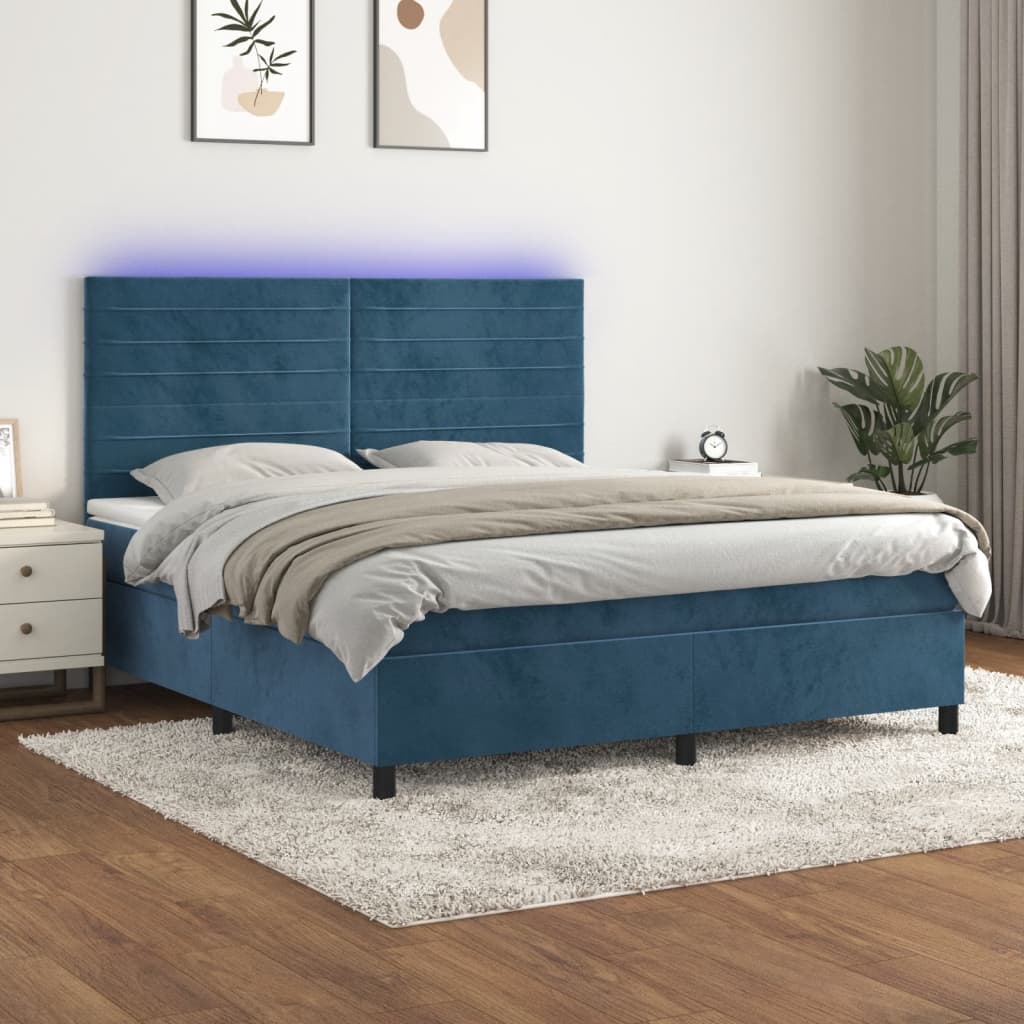 Box spring postel s matrací a LED tmavě modrá 160x200 cm samet