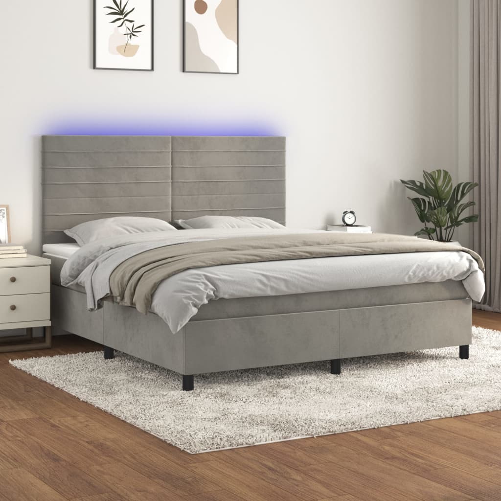 Box spring postel s matrací a LED světle šedá 180x200 cm samet