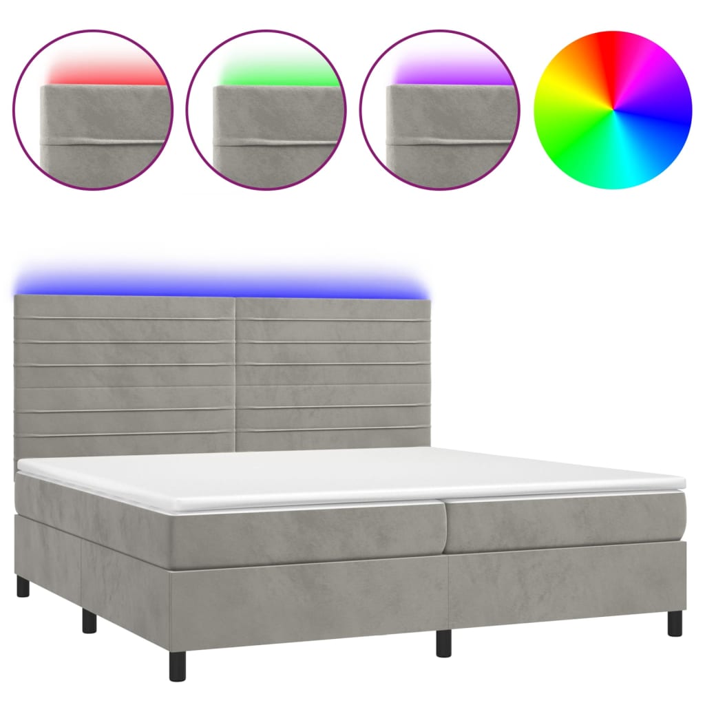 vidaXL Box spring postelja z vzmetnico LED svetlo siva 200x200cm žamet