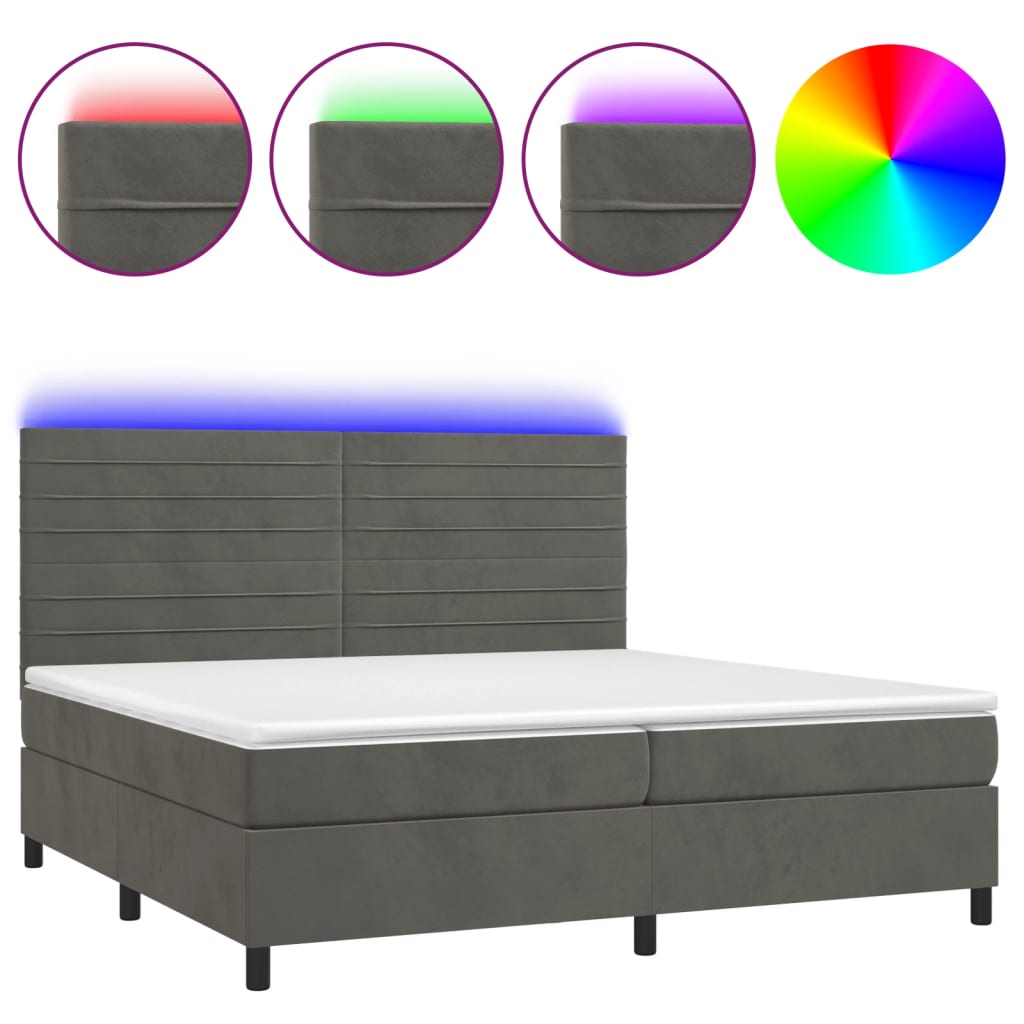 Sötétszürke bársony rugós és LED-es ágy matraccal 200x200 cm 