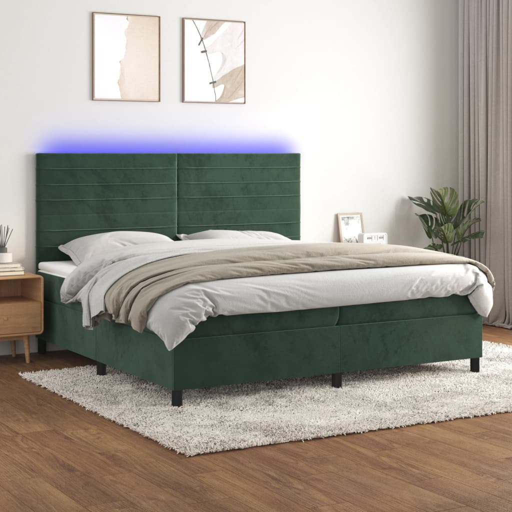 Box spring postel s matrací a LED tmavě zelená 200x200 cm samet