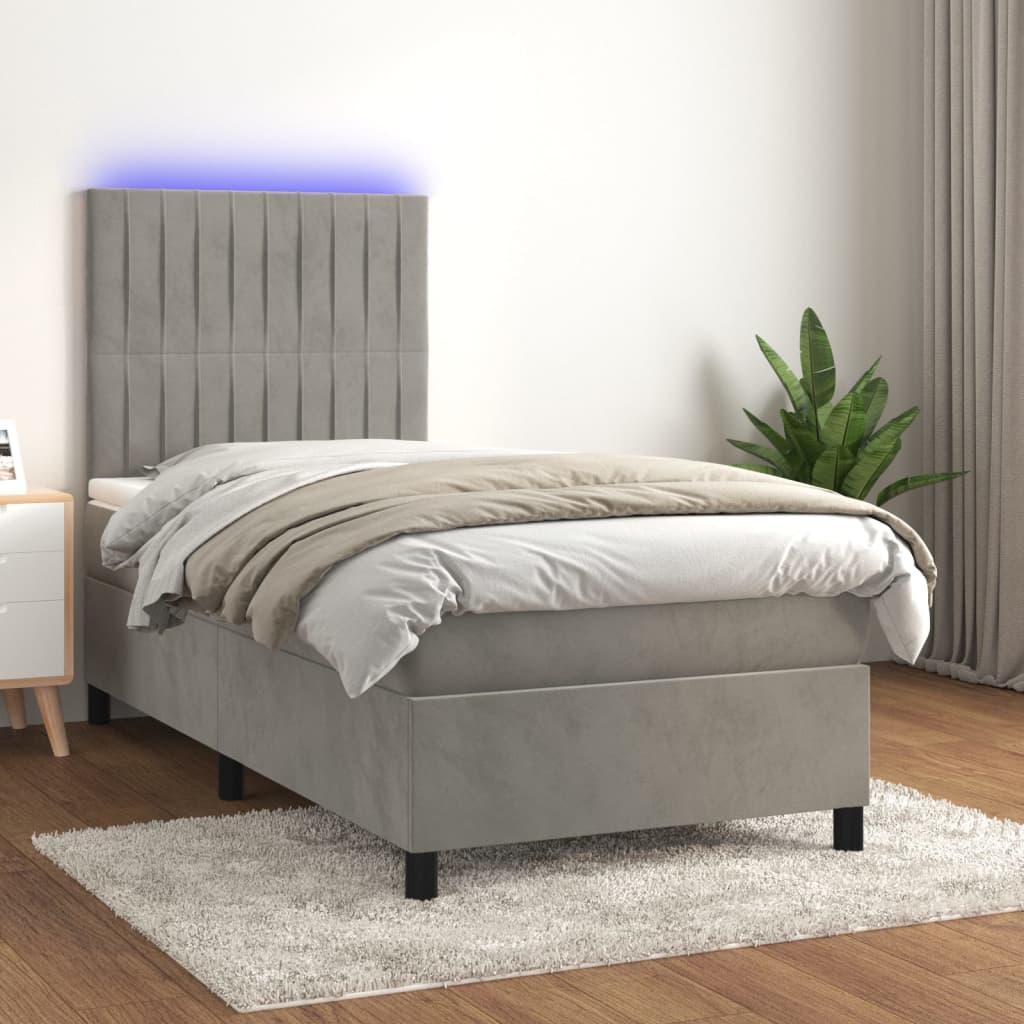 Krevet box spring s madracem LED svjetlosivi 80x200 cm baršun