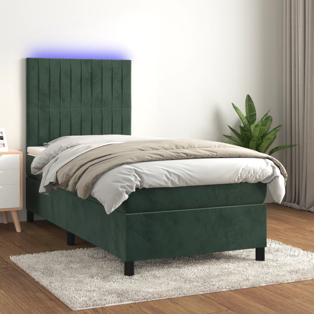 vidaXL Sommier tapissier et matelas et LED Vert foncé 90x190cm Velours